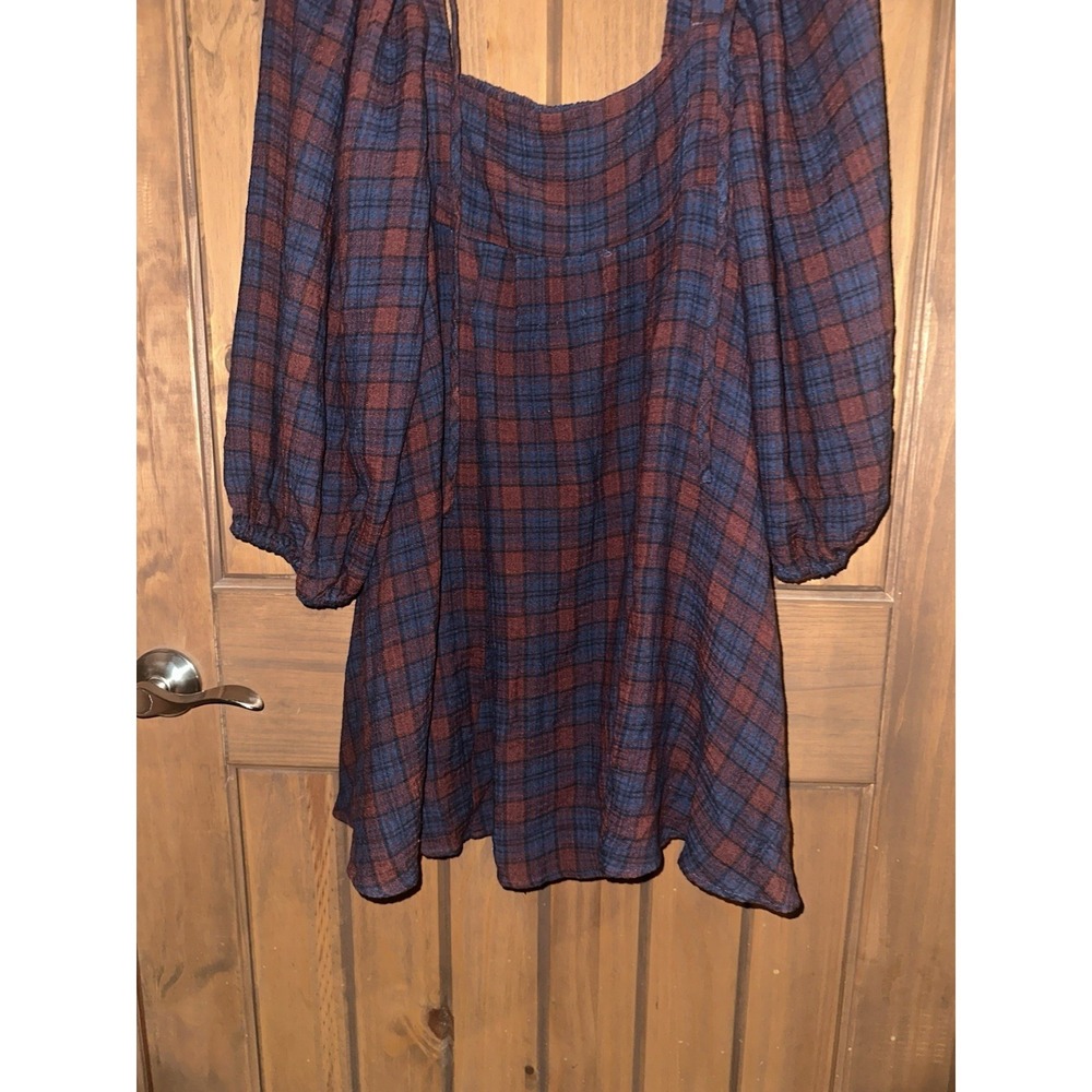 Urban Outfitters Dress Plaid Babydoll Mini Red Navy Square Neck Balloon Sleeve M - Picture 2 of 7